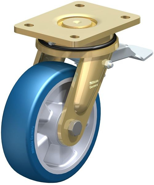 Blickle LS-ALBS 160K-ST Stahlgeschweißte Schwerlast-Lenkrolle, schwere Drehkranz-Ausführung mit Feststeller, Blickle Besthane® Soft, Blau, 742748