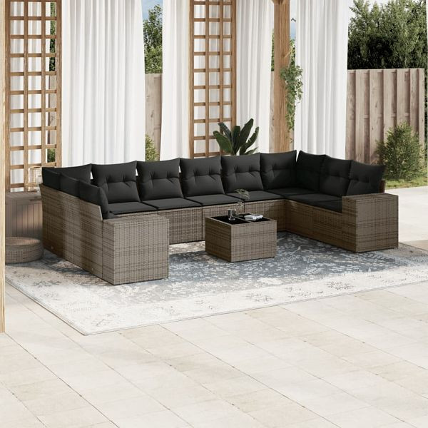 vidaXL 11-teilig Garten-Sofagarnitur mit Kissen Grau Poly Rattan, 3223079