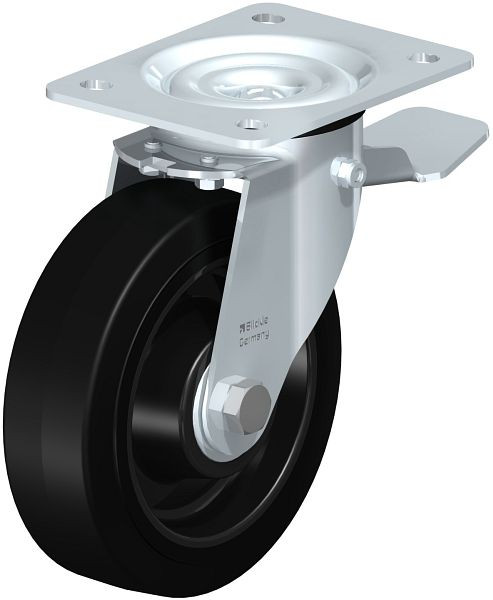 Blickle LE-POEV 160XK-ST Stahlblech-Lenkrolle mit Anschraubplatte & Feststeller, Elastik-Vollgummi, Schwarz, 850193