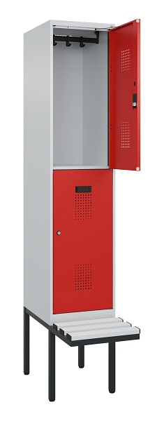 C+P Doppelstock-Spind Evolo PLUS, Bank, 2 Fächer, 2120x400x815mm, 7035/3020, Zylinderschloss, Sitzfläche Kunststoff, 0493407-12 S10113