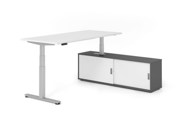 Hammerbacher Schreibtisch XDSM19, 180x80cm, Platte: Weiß, T-Fuß Gestell Silber, Höhe: 63 - 127 cm, Graphit / Weiß, VXDSM19SB/W/S/G/W