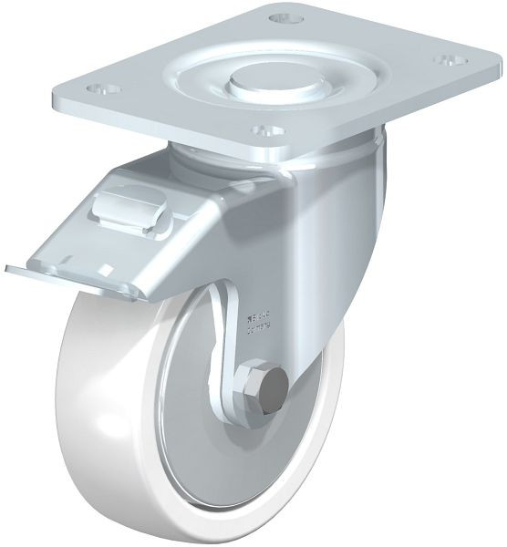 Blickle LH-SPO 125G-3-FI-FA Stahlblech-Lenkrolle, Schwerlast-Ausführung, mit Anschraubplatte & Feststeller, Polyamid, Weiß, 750162