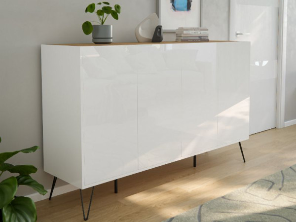 Posseik Sideboard Industrial P 155cm 4 Schubladen Türen Weiß/Eiche Top, PN2093X0000059DE