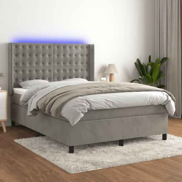 vidaXL Boxspringbett mit Matratze & LED Hellgrau 140x200 cm Samt, 3139805