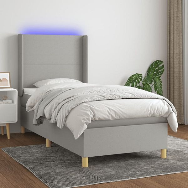 vidaXL Boxspringbett mit Matratze & LED Hellgrau 100x200 cm Stoff, 3138693