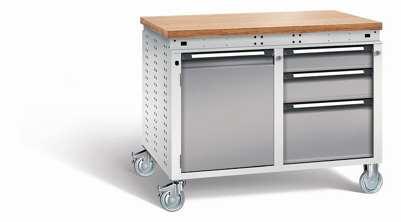 Otto Kind Werkbank Serie function Typ 252 fahrbar, Multiplexplatte 40 mm, bündig, 2x Unterbau, Gehäuse RAL 7035, Front RAL 7037, 072383167