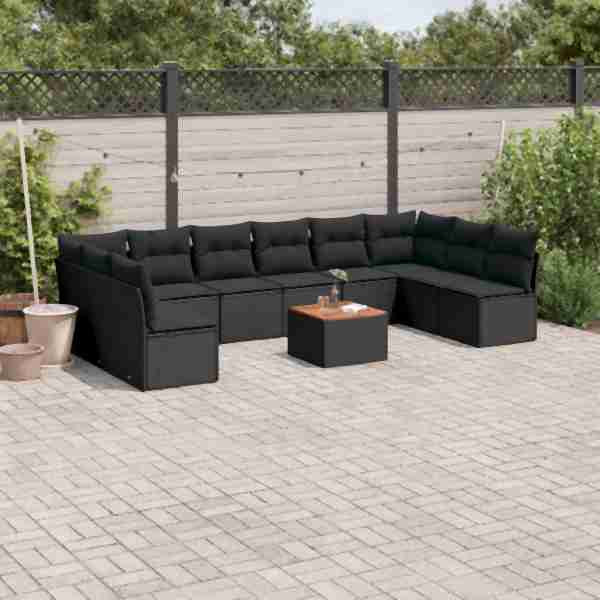 vidaXL 11-tlg. Garten-Sofagarnitur mit Kissen Schwarz Poly Rattan, UV-beständig, 3223794