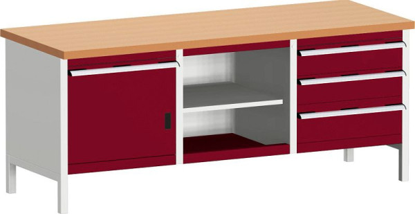 bott cubio Kastenwerkbank mit 4 Schubladen Türe, 2 Ablagen, Rotbuche-Arbeitsplatte BxTxH: 2000 x 750 x 840 mm, RAL 7035/3004, 41002059.24V