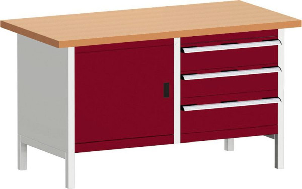 bott cubio Kastenwerkbank mit 3 Schubladen Tür, Ablage, Rotbuche-Arbeitsplatte BxTxH: 1500 x 750 x 840 mm, RAL 7035/3004, 41002026.24V