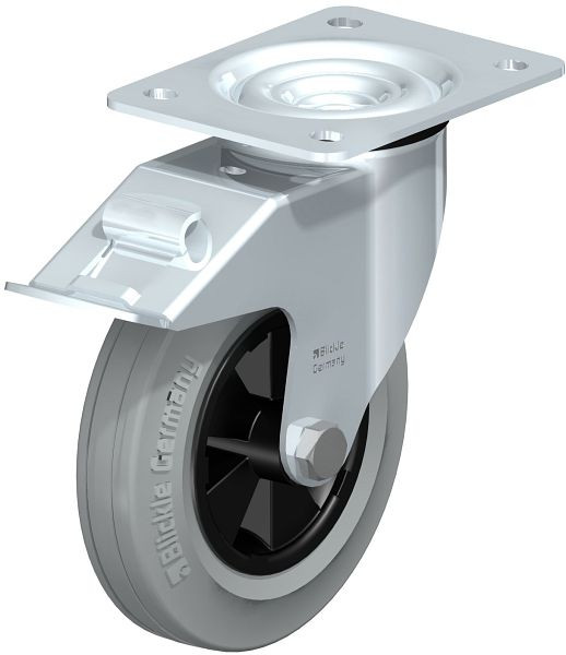 Blickle LE-VPP 160G-FI-SG Stahlblech-Lenkrolle mit Anschraubplatte & Feststeller, Vollgummi, Grau, 528679