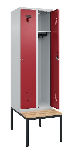 C+P Spind Evolo PLUS, 2 Abteil, 2120x600x815mm, 7035/3003, Zylinderschloss, Sitzfläche Buche-Hartholz, Sitzbank, 0490507-20 S10031