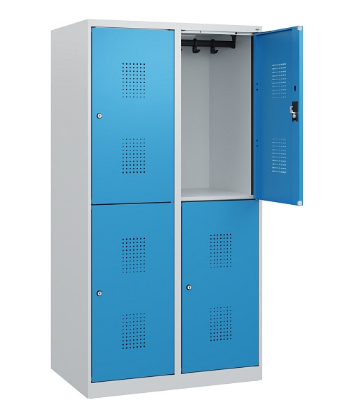 C+P Doppelstöckiger Spind Evolo PLUS, 4 Fächer, 1530x800x500mm, 7035/5012, Zylinderschloss, 0493005-22 S10031