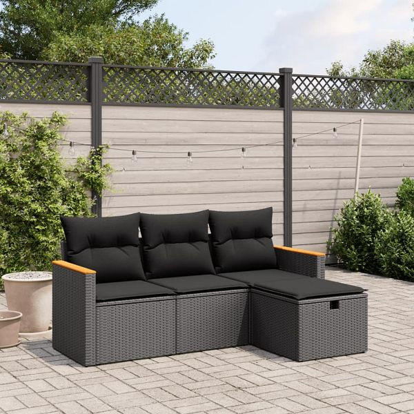 vidaXL 4-tlg. Garten-Sofagarnitur mit Kissen Schwarz Poly Rattan, 3265269