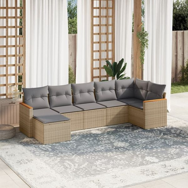 vidaXL 7-tlg. Garten-Sofagarnitur mit Kissen Beige Poly Rattan, 3226192