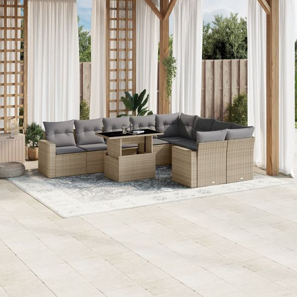 vidaXL 10-teilig Garten-Sofagarnitur mit Kissen Beige Poly Rattan, 3267499