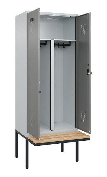 C+P PSA Doppel-Spind Evolo PLUS, Bank, 2 Abteile, 2120x800x815mm, 7035/0004, Drehriegel, Sitzfläche Holz, 0490427-22P S10014