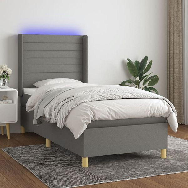 vidaXL Boxspringbett mit Matratze & LED Dunkelgrau 90x200 cm Stoff, 3138926