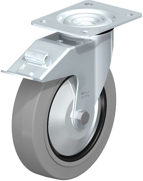 Blickle LE-POEV 200XR-FI-SG-FA Stahlblech-Lenkrolle mit Anschraubplatte & Feststeller, Elastik-Vollgummi, Grau, 850270