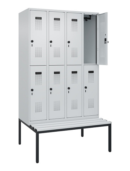 C+P Doppelstock-Spind Evolo PLUS, Bank, 8 Fächer, 2120x1200x815mm, 7035/7035, Drehriegel, Sitzfläche Kunststoff, Sitzbank, 0493507-40 S10094