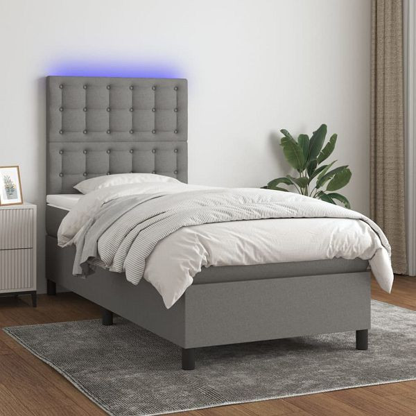 vidaXL Boxspringbett mit Matratze & LED Dunkelgrau 90x200 cm Stoff, 3135166