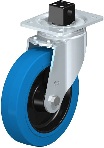 Blickle LH-POEV 200XR-CS13-SB Stahlblech-Lenkrolle, Schwerlast-Ausführung, mit Anschraubplatte & Zentralfeststeller, Elastik-Vollgummi, Blau, 851874