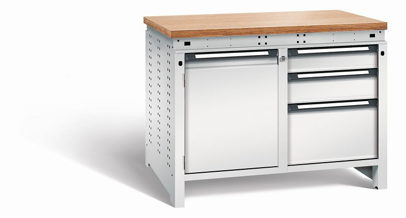 Otto Kind Werkbank Serie function Typ 213, Multiplexplatte 40 mm, bündig, 2x Unterbau + Zentralverschluss, komplett RAL 7035, 072343117