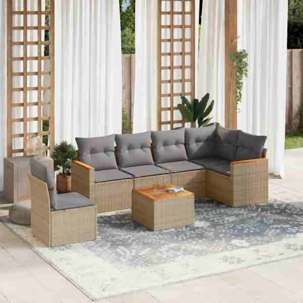 vidaXL 7-tlg. Garten-Sofagarnitur mit Kissen Beige Poly Rattan, UV-beständig, 3226024