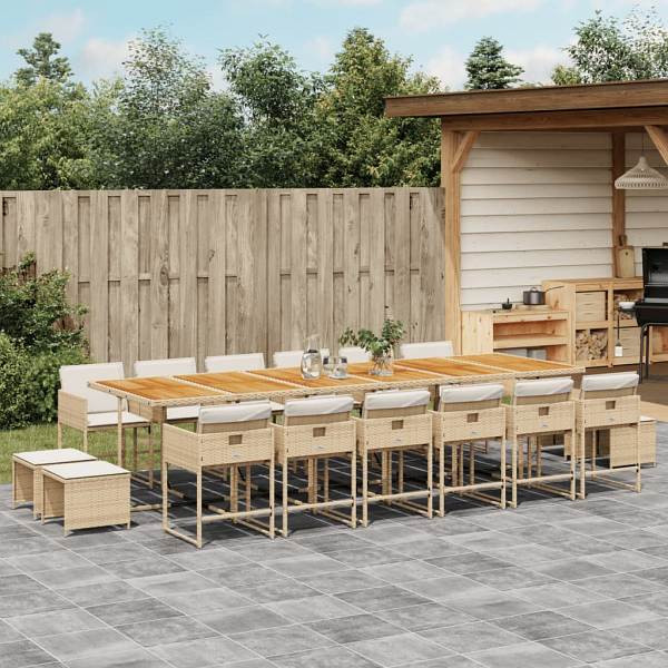 vidaXL 17-tlg. Garten-Essgruppe mit Kissen Beige Poly Rattan, UV-beständig, 3278139