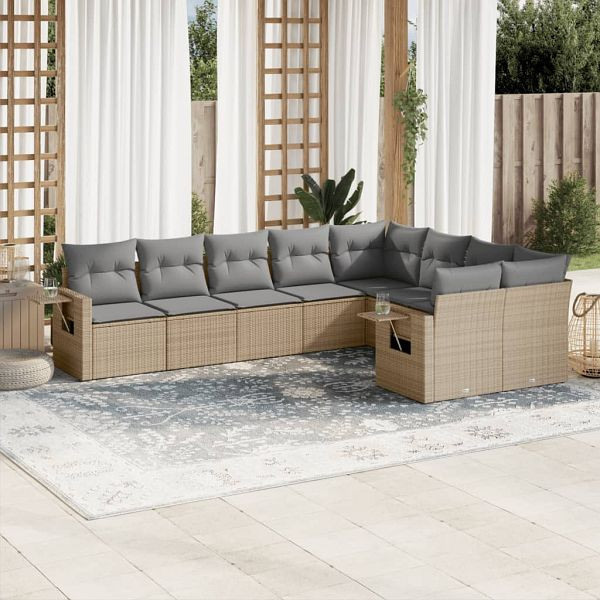 vidaXL 9-tlg. Garten-Sofagarnitur mit Kissen Beige Poly Rattan, 3252976