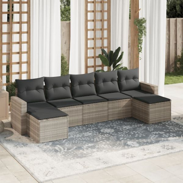 vidaXL 7-tlg. Garten-Sofagarnitur mit Kissen Hellgrau Poly Rattan, 3251679