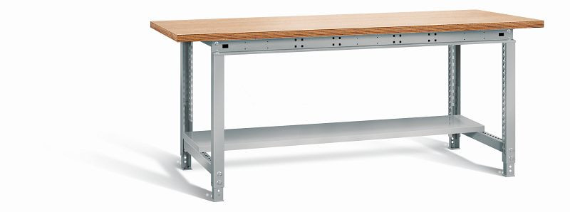 Otto Kind Werktisch allrounder mit, Stahlblechablageboden, Multiplexplatte 25 mm dick, höhenverstellbar von 715-955 mm, komplett RAL 9006, 072320096