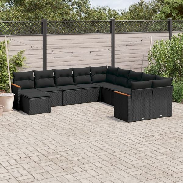 vidaXL 11-teilig Garten-Sofagarnitur mit Kissen Schwarz Poly Rattan, 3258968