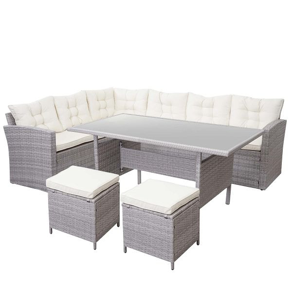 Mendler Poly-Rattan-Garnitur HWC-A29, Gartengarnitur Sitzgruppe Lounge-Esstisch-Set Sofa, hellgrau, Kissen creme + 2x Hocker, 64386+64387