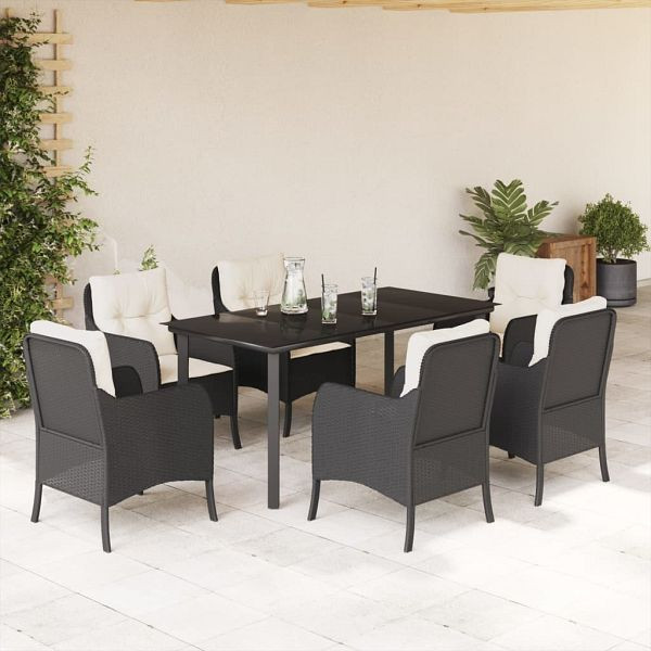 vidaXL 7-teilig Garten-Essgruppe mit Kissen Schwarz Poly Rattan, 3211917