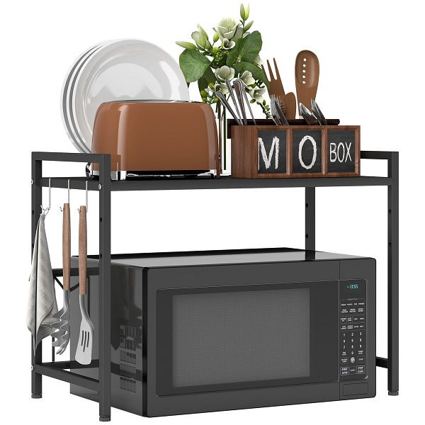 HOMCOM Mikrowellenregal, 3 Haken, ausziehbar, Metall, 40 cm hoch, Schwarz, 801-394V00BK