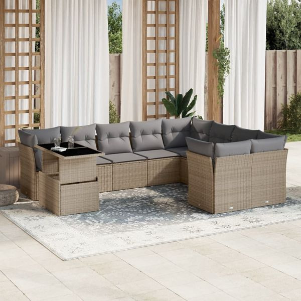 vidaXL 10-teilig Garten-Sofagarnitur mit Kissen Beige Poly Rattan, 3266849