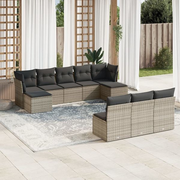 vidaXL 10-teilig Garten-Sofagarnitur mit Kissen Grau Poly Rattan, 3218290