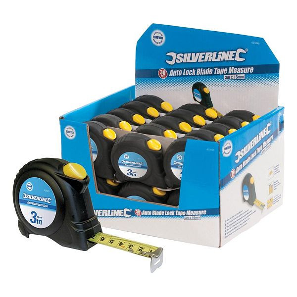 Silverline Rollbandmaße mit automatischer Rücklaufsperre, Verkaufsdisplay, 3 m x 16 mm, 30 Stück, 633848