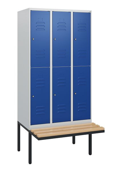 C+P Doppelstöckiger Spind Classic PLUS, 3 Abteile, 1950x900x815mm, 7035/5010, Zylinderschlösser, Buche-Sitzleisten, Sitzfläche, 0803405-30 S10033