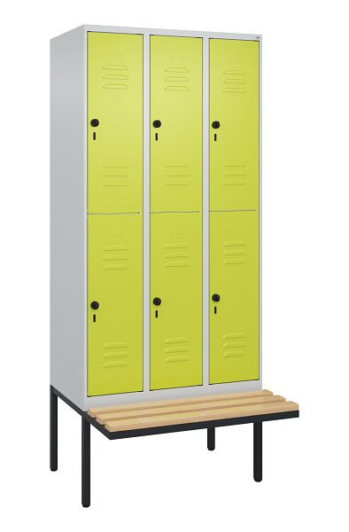 C+P Doppelstöckiger Spind Classic PLUS, 3 Abteile, 2120x900x815mm, 7035/0024, Drehriegel, Sitzleisten aus Buche, schwebende Sitzfläche, 0803407-30 S10010