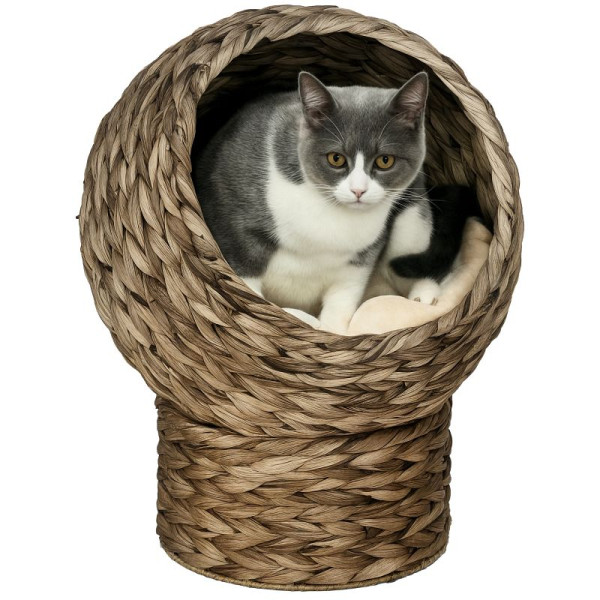 PawHut Rattan Katzenkorb Katzenhöhle Katzenbett mit Kissen Grau, D30-105GY