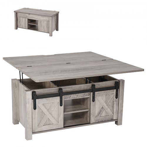 VEVOR Lift Top Couchtisch 100 cm, rustikale Eiche, mit Scheunentor & Staufach, rechteckige Hubtischplatte für Wohnzimmer/Büro, KFZ394INCHZPS49L4001V0