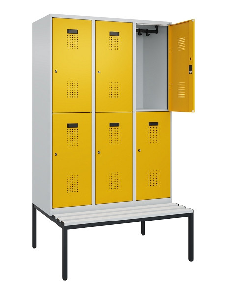 C+P Doppelstock-Spind Evolo PLUS, Bank, 6 Fächer, 2120x1200x815mm, 7035/1004, Zylinderschloss, Sitzfläche Kunststoff, Sitzbank, 0493507-32 S10108