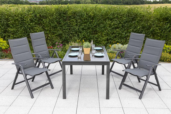 Merxx Taviano Set 5-teilig, 4 Klappsessel, Rückenlehne 5-fach verstellbar, gepadded, 1 Ausziehtisch, 140 (200) x 90 cm, graphit/grau, 50258-207