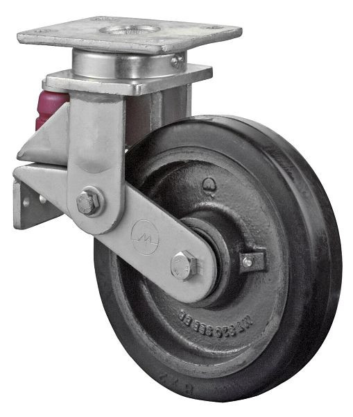 BS Rollen Gefederte Schwerlastrolle, Rad-Breite 50 mm, Rad-Ø 200 mm, Tragfähigkeit 450 kg, Elastik-Reifen schwarz, Radkörper Guss, Kugellager, T100.B81.200