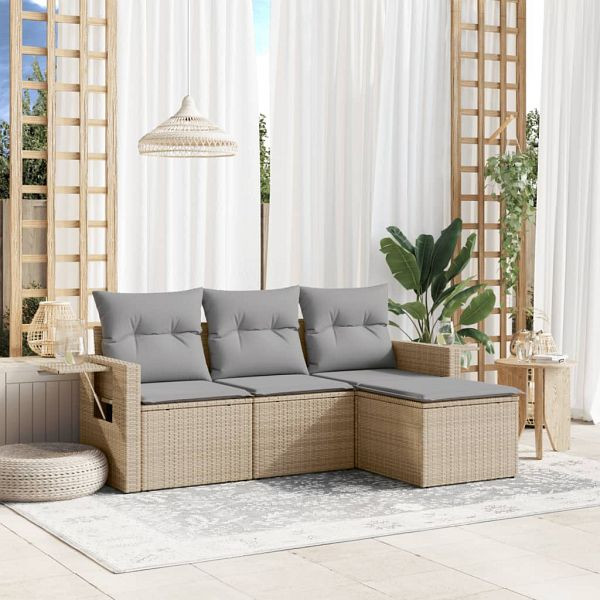 vidaXL 4-teilig Garten-Sofagarnitur mit Kissen Beige Poly Rattan, 3220068