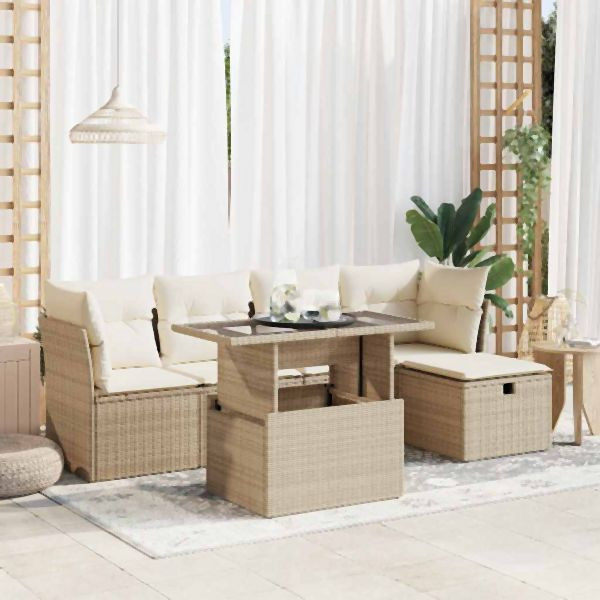 vidaXL 6-tlg. Garten-Sofagarnitur mit Kissen Beige Poly Rattan, 3327768