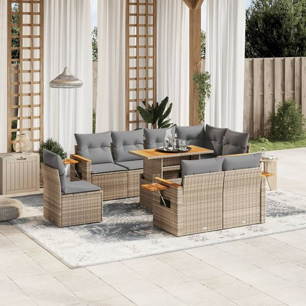 vidaXL 9-teilig Garten-Sofagarnitur mit Kissen Beige Poly Rattan, 3273614