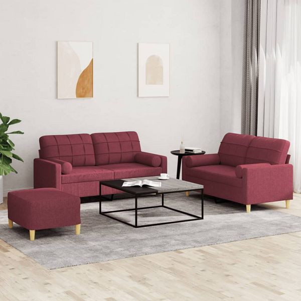 vidaXL 3-teilig Sofagarnitur mit Kissen Weinrot Stoff, 3201304