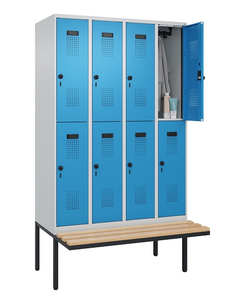 C+P Doppelstock-Spind Evolo PLUS, Bank, 8 Fächer, 2120x1200x815mm, 7035/5012, Drehriegel, Sitzfläche Buche-Hartholz, 0493407-40 S10007